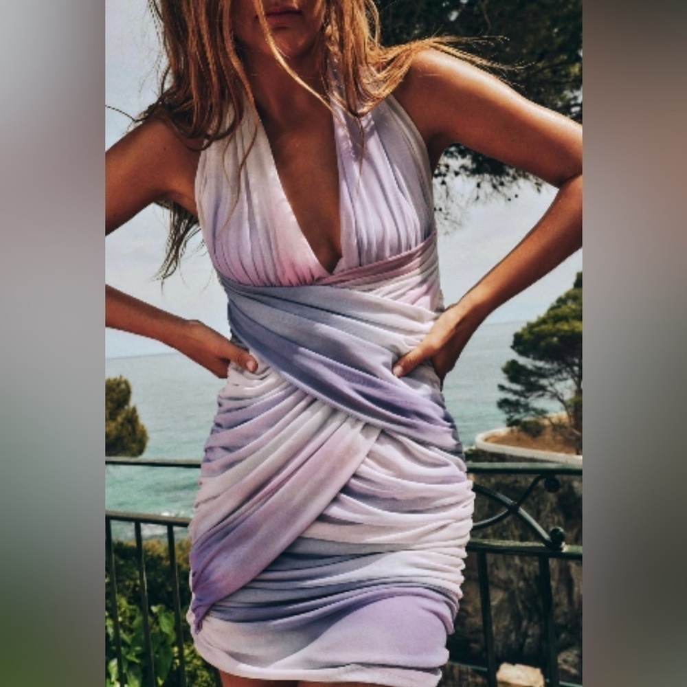 Zara Draped Ombré Printed Mesh Tulip Halter Mini Dress NWT